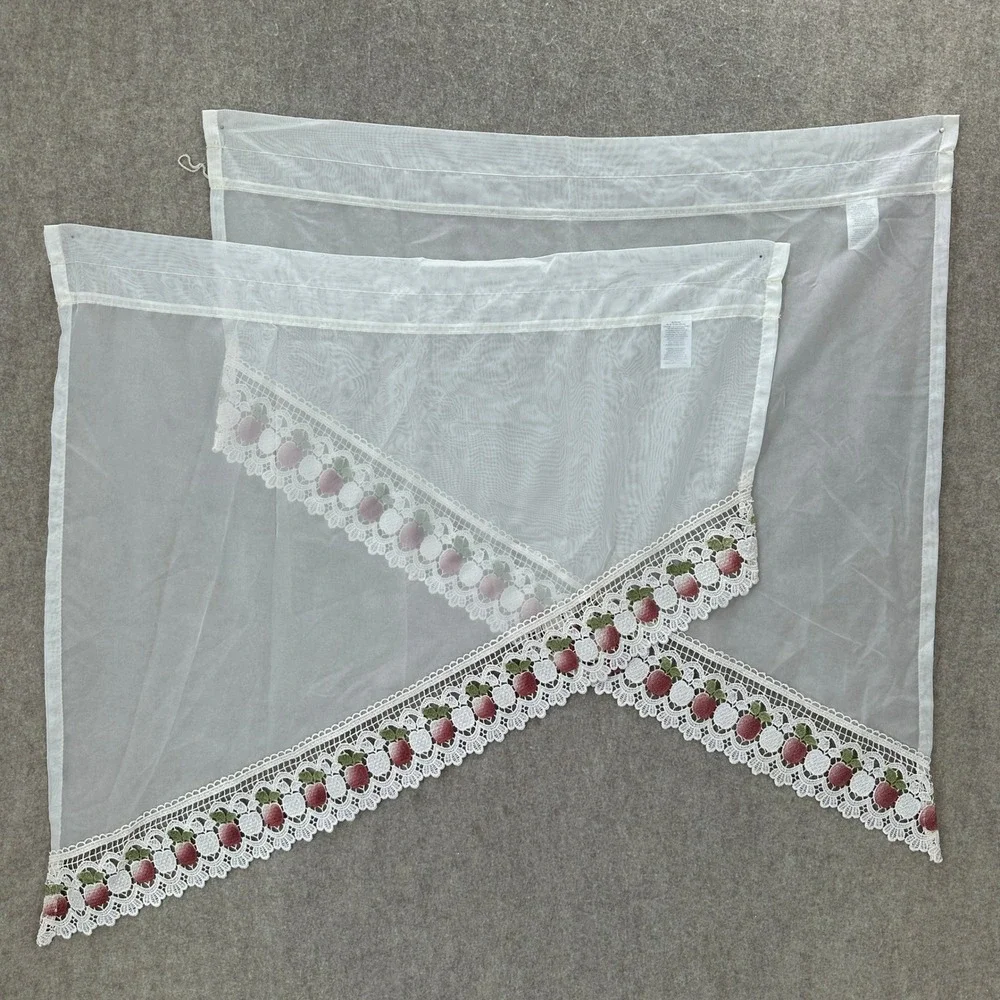 VTG Sheer White Window Swag Curtains with Apple Embroidered Lace Trim Set‎ of 2